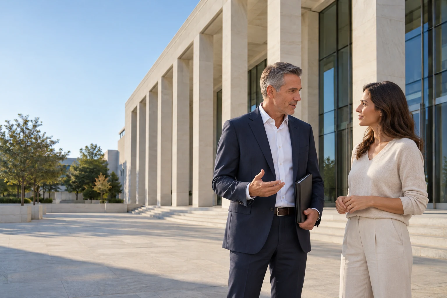 Illustrative scene of an attorney explaining a document to a client outside a civic building